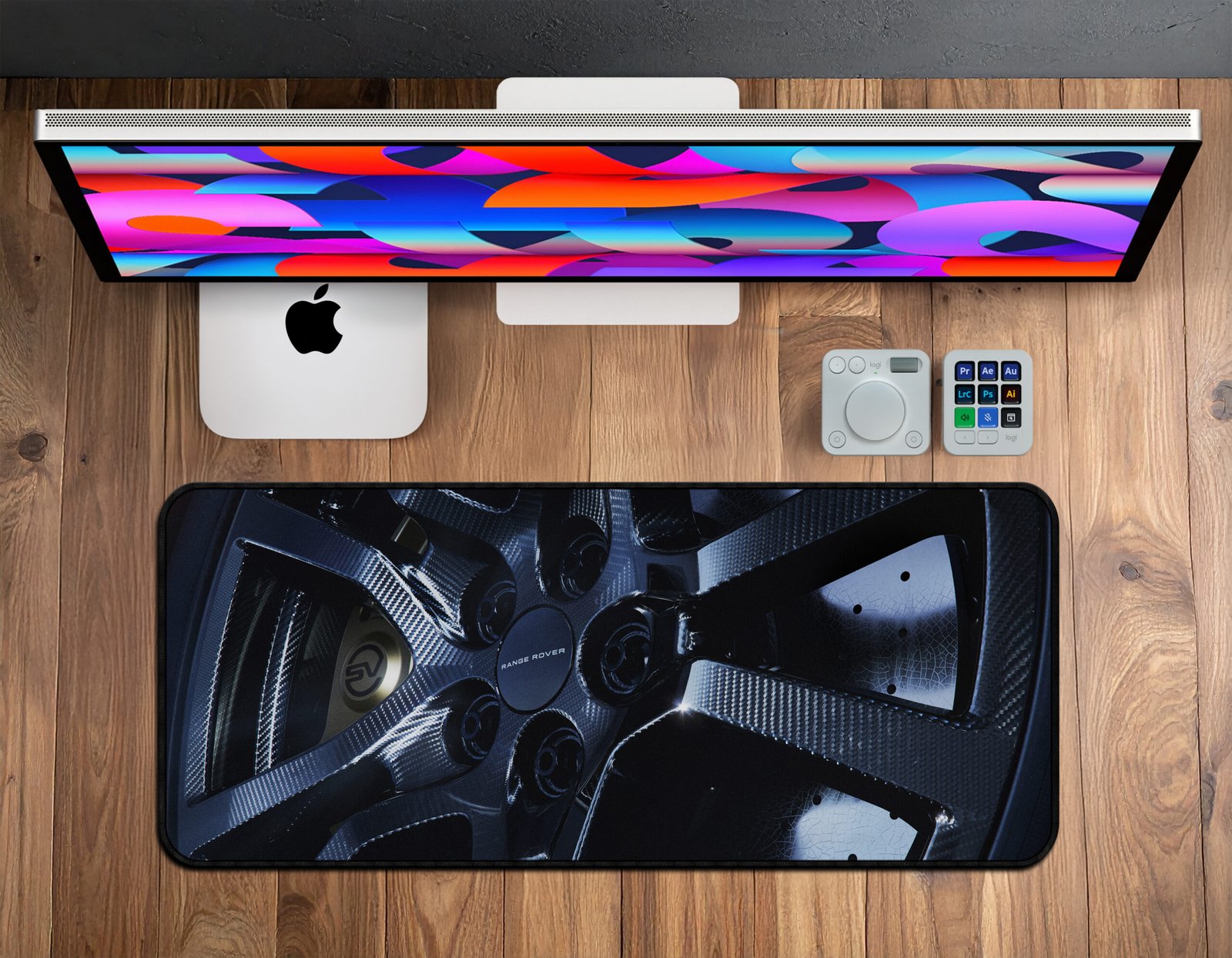 Range Rover Carbon Wheel Desk Mat | Graphite Edition Workspace Pad Range Rover carbon-fiber alloy wheel printed desk mat.