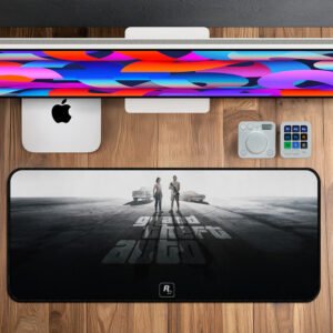 Grand Theft Auto desk mat featuring cinematic GTA artwork – large extended gaming mouse pad for workspace setups.